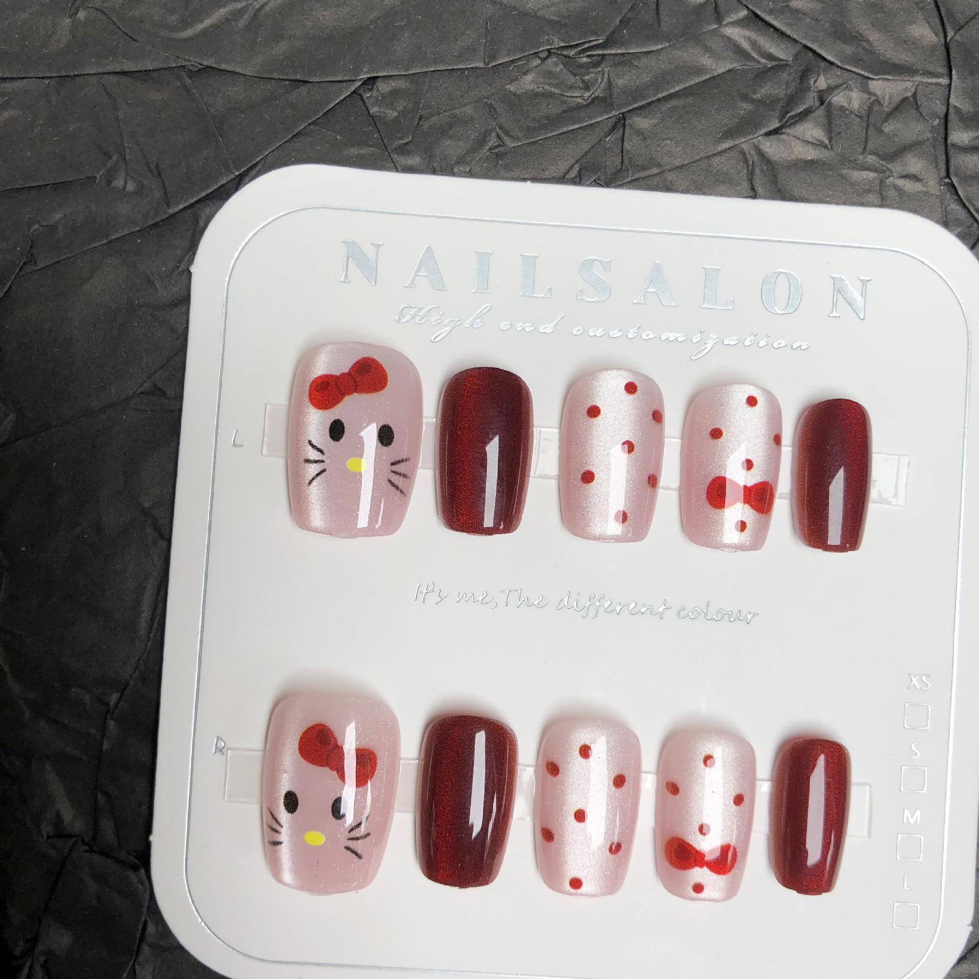 

Red & White Polka Dot Cat Eye Press-On Nails with Bow Design