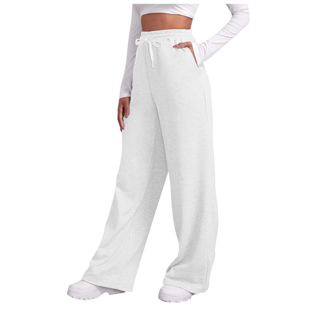 Damen Elastische Taille Hose mit Seitentaschen Fleecegefüttert Dicke Weite Beine Jogginghose Einfarbige Gerade geschnitten