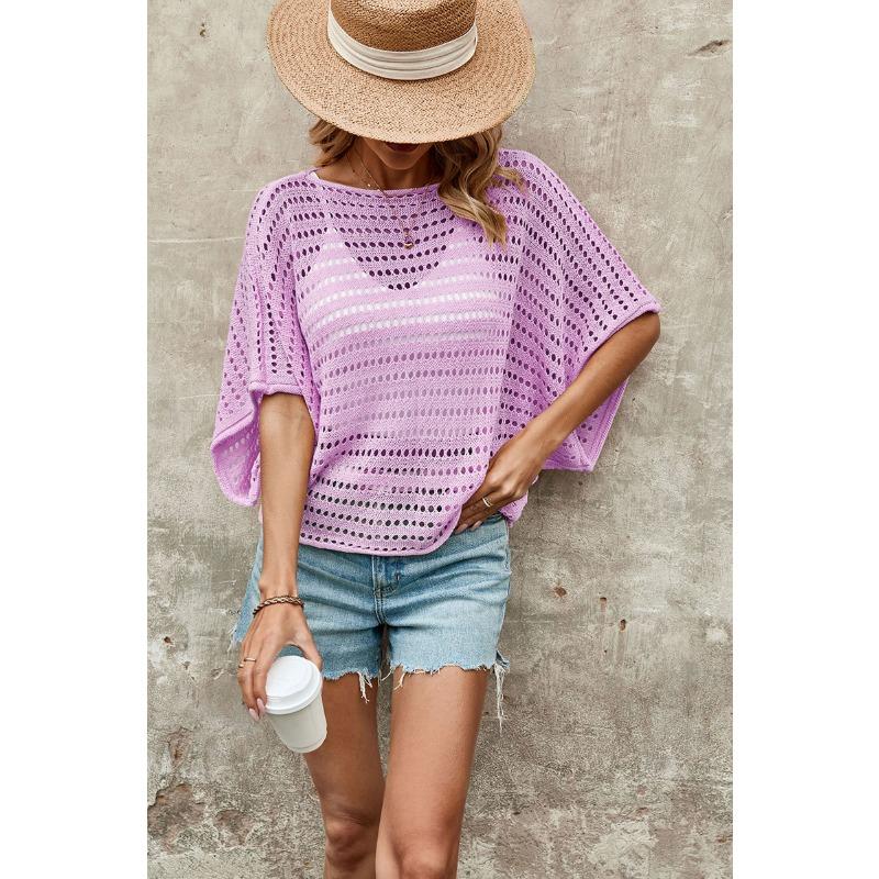 Summer Women's T-shirt Knitwear Bat Sleeve Loose Round Neck Hollow Short Sleeve Sweater