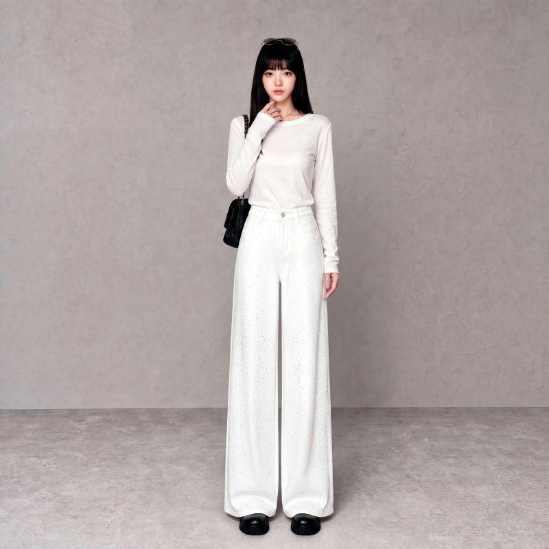 Autumn and winter new white gypsy star hot diamond straight tube high waist mopping floor wide leg flash diamond denim trousers women