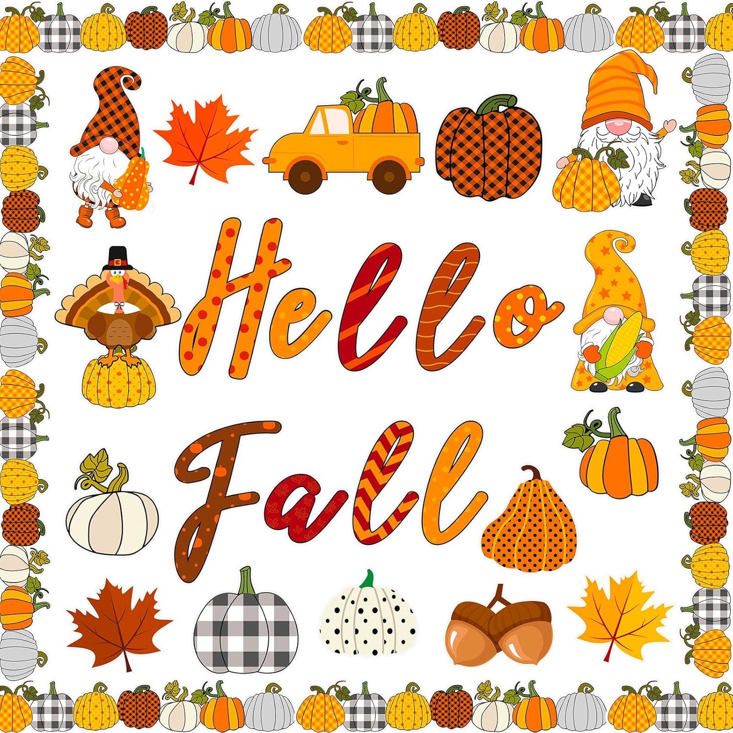 Faccito 70 Pcs Thanksgiving Bulletin Board Decorations Set Hello Fall Cutouts with Autumn Gnome Pumpkin Borders Trim Thanksgiving Classroom Decor for