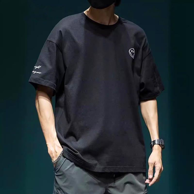 Men's 2024 Summer Plus Size Smiley Face Embroidery Short Sleeve Casual Cotton T-Shirt