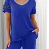 Women's Pajama Set Short Sleeve V-Neck Top And Wide Leg Cropped Pants 2 Piece Lounge Set Casual Summer Sleepwear with Pockets