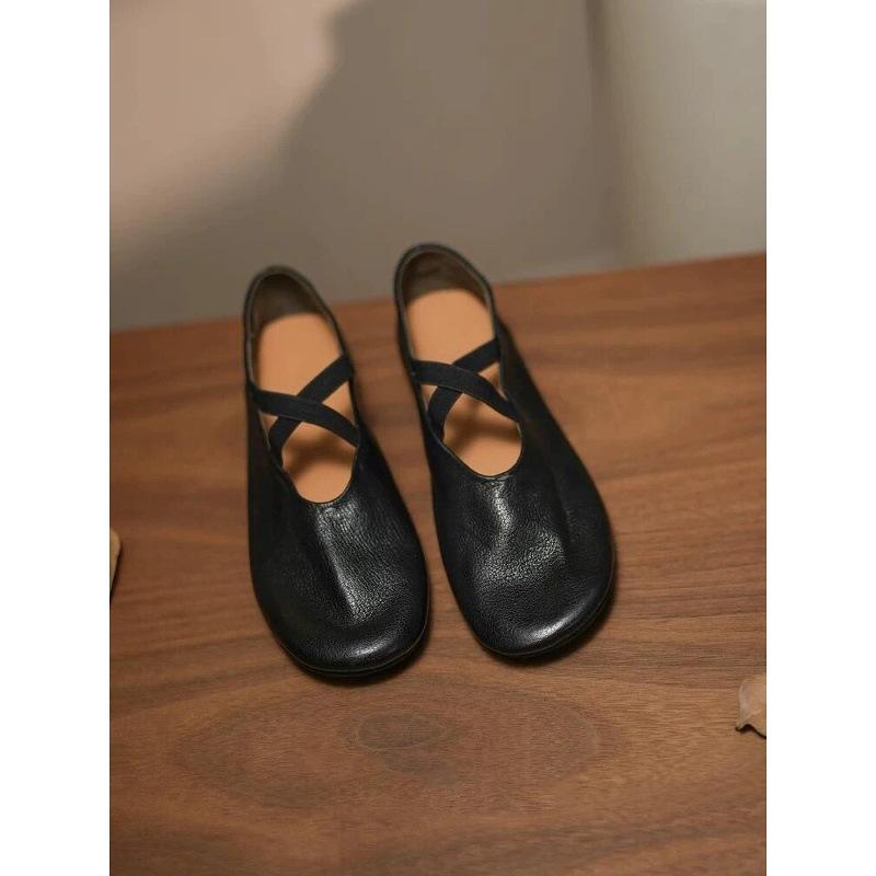 "Sheepskin Edition" Genuine Leather Korean New Cross Ballet Shoes Women's Round Head Light Mouth Versatile Mary Jane Single Shoes Women