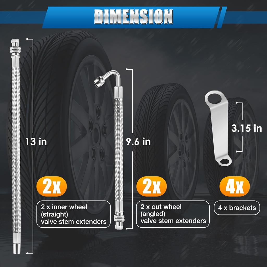 Double Tires Air Inflation Kit - Dually Valve Stem Extenders Kit for Easy Connection To Tire Valves and Equipment, Valve Stem Extenders for Easy Tire