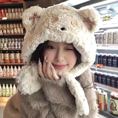 Cartoon Bären Plüschmütze Herbst und Winter Schal Mütze integriert verdickt warm winddicht Schal Lei Feng Mütze Freundin