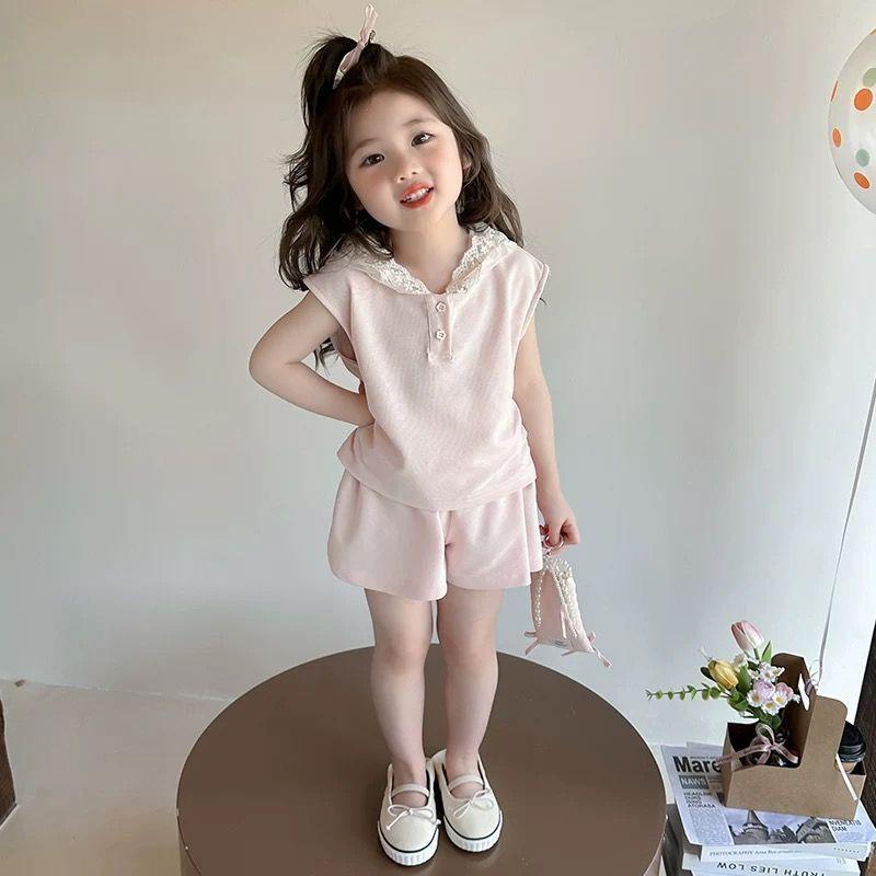 Girls Lace Hoodie Vest Shorts Set Summer Sweet Solid 2 Piece Outfit Cute Casual Tracksuit For Little Girls Holiday Wear 100 розовый