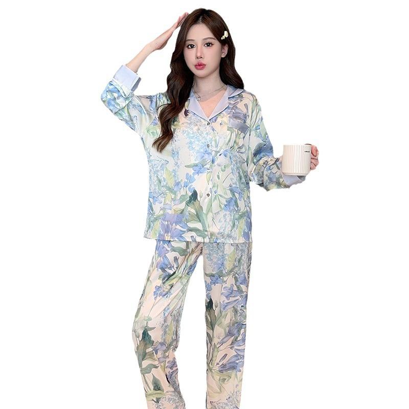 New Long-sleeved Large-size Printing Suit Internet Celebrity Summer Pajamas Women's Ice Silk Outer Loungewear