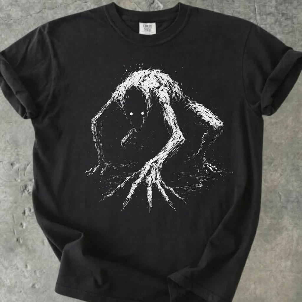 Crawling Cryptid Shirt, Distressed Linocut Horror Tee Gift, Goth and Cryptozoology Fans T-Shirt