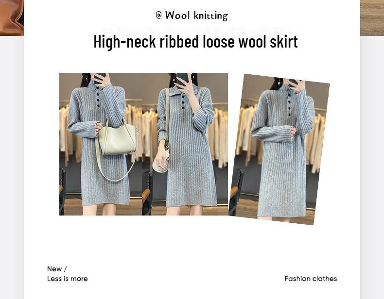 Petite Women's Wool Knit Dress with Half-High Neck - Mid-Length for Autumn/Winter