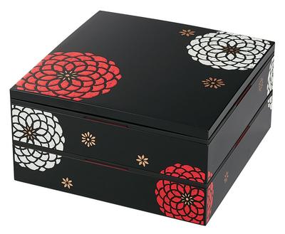 Hergestellt in Japan, HAKOYA Tatsumiya 22,5 mm quadratische zweistöckige Vorspeisenbox, Schwarz, Hyakuka (Blume) Design, 54277
