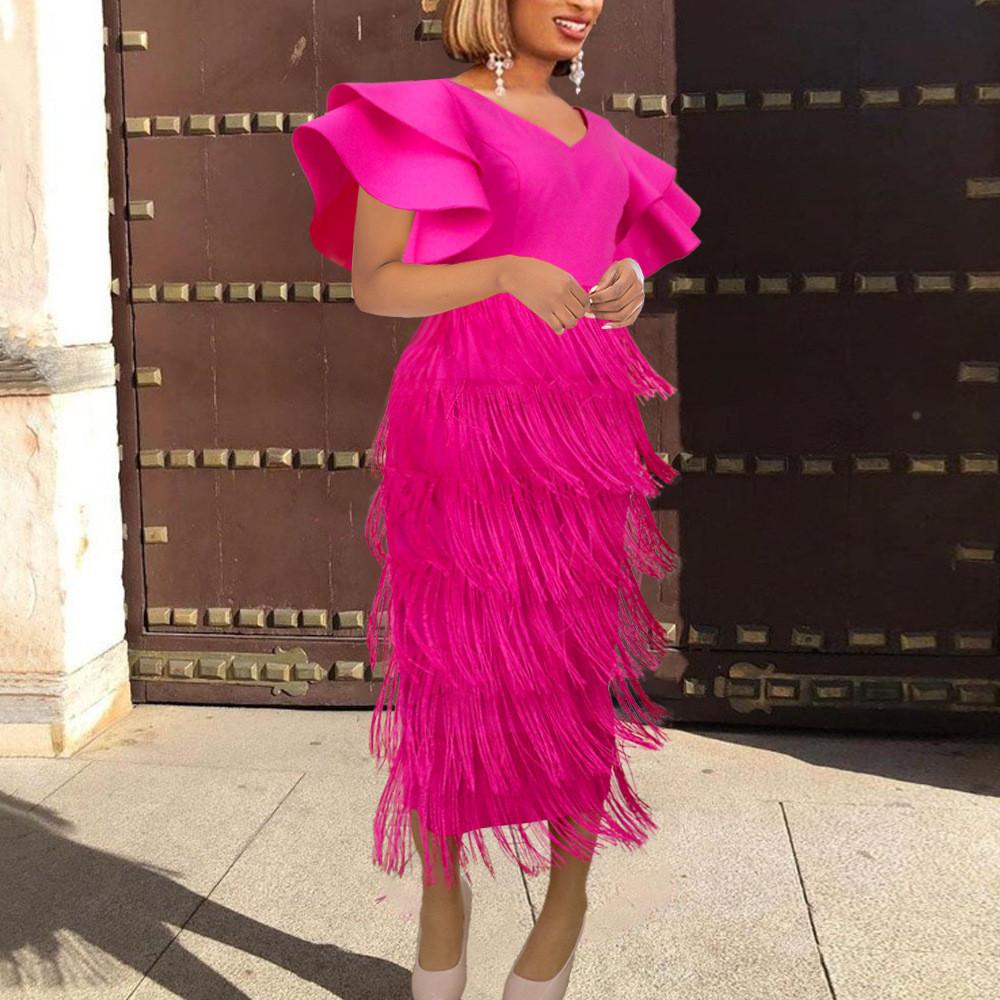 

Модное женское элегантное платье с v-образным вырезом и рюшами и кисточками, с короткими рукавами, подружки невесты, свадебное длинное платье миди, вечерние платья