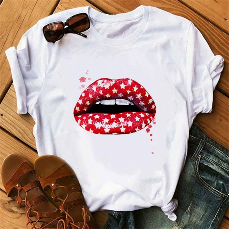 Korean Fashion Vintage Lip Graphic Women T-Shirt Goth 90S Summer Tees Loose White O-Neck Short Sleeve Y2K Tops Harajuku Blouses