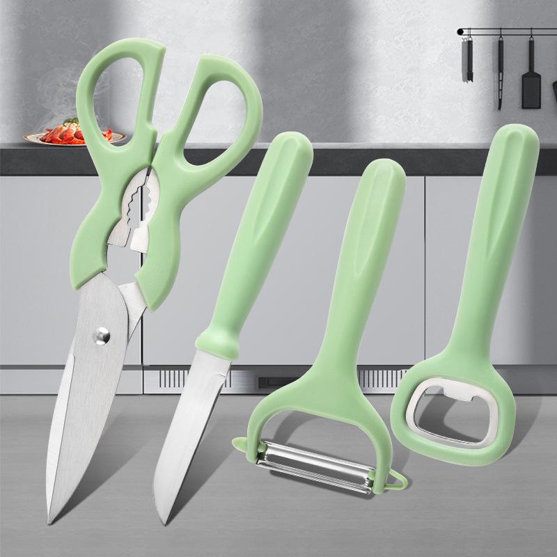 Four-Piece Kitchen Tool Set: Scissors, Can Opener, Grater, and Fruit Knife with Multi-functional Peeler and Melon Grater