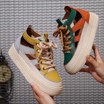 Leather Sandals Women's 2026 Women's Retro Famous Style Contrast Color Baotou Sandals High Top Hollow Women's Shoes
