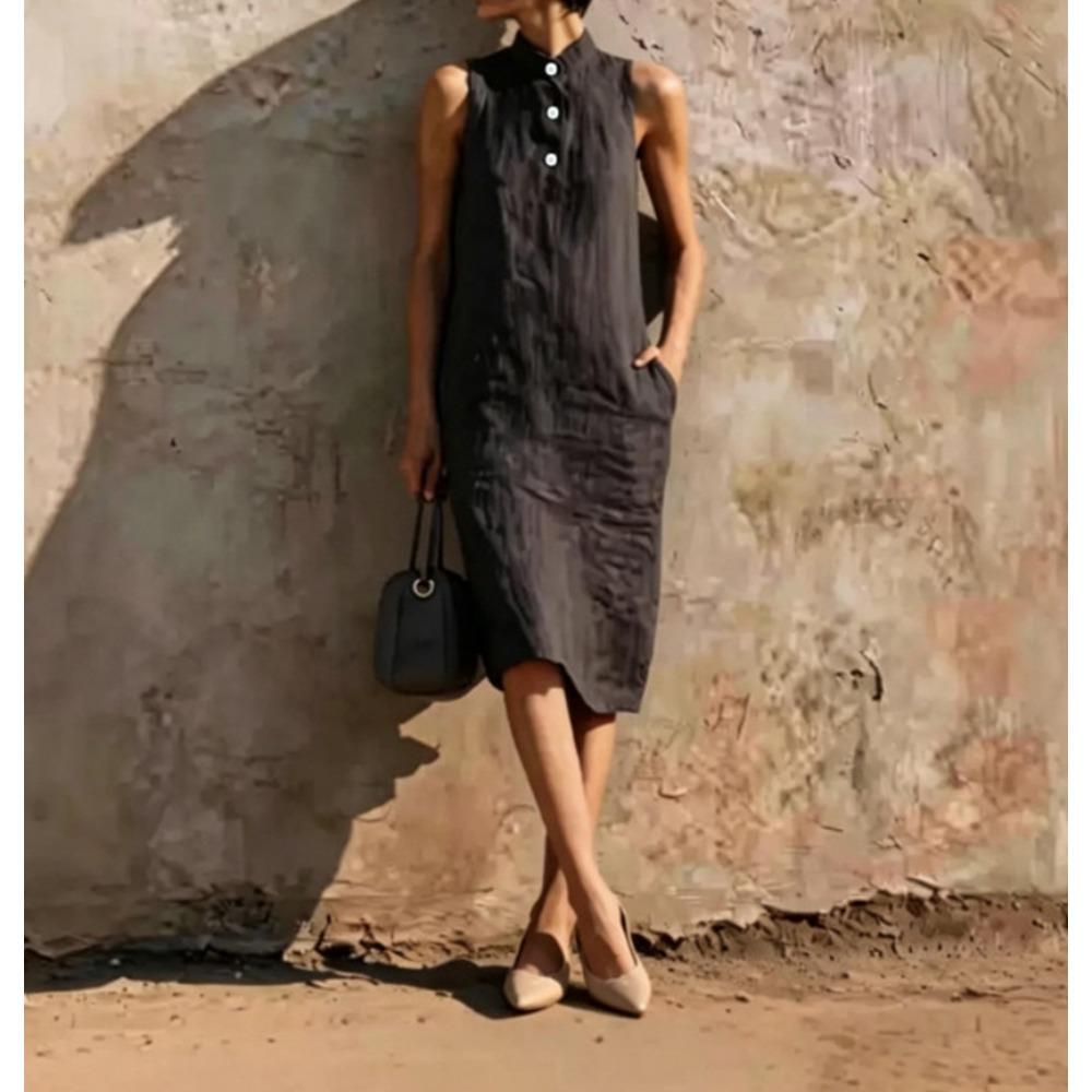 Women's Linen Blend Sleeveless Stand Collar Midi Dress with Button Detail and Pockets