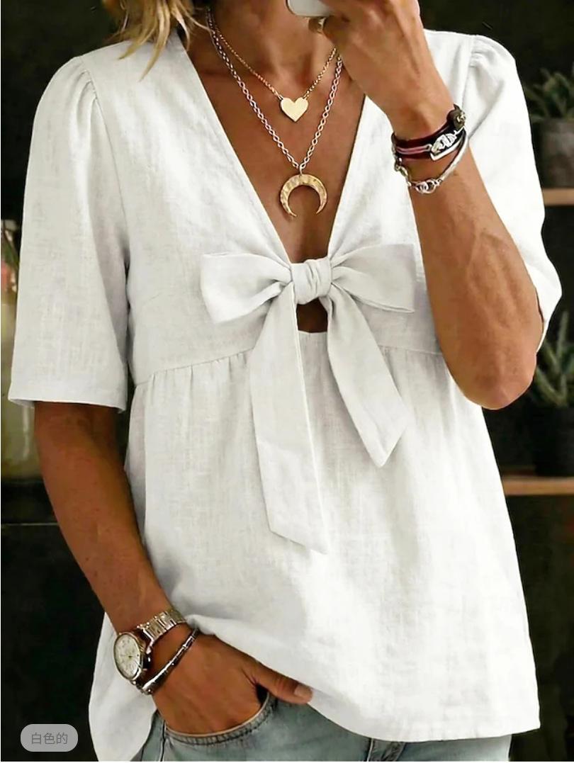 Women V Neck Short Sleeve Bow Tie Front Blouse Casual Summer Top S белый