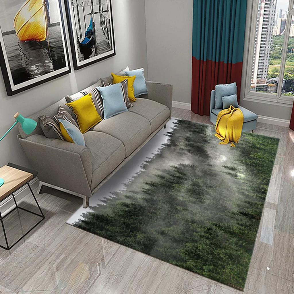 Smoky Forest Carpet Green Trees Mountain Rug Natural Scenery Rectangle Area Rugs Yoga Mats Bedroom Living Room Decor Door Mat