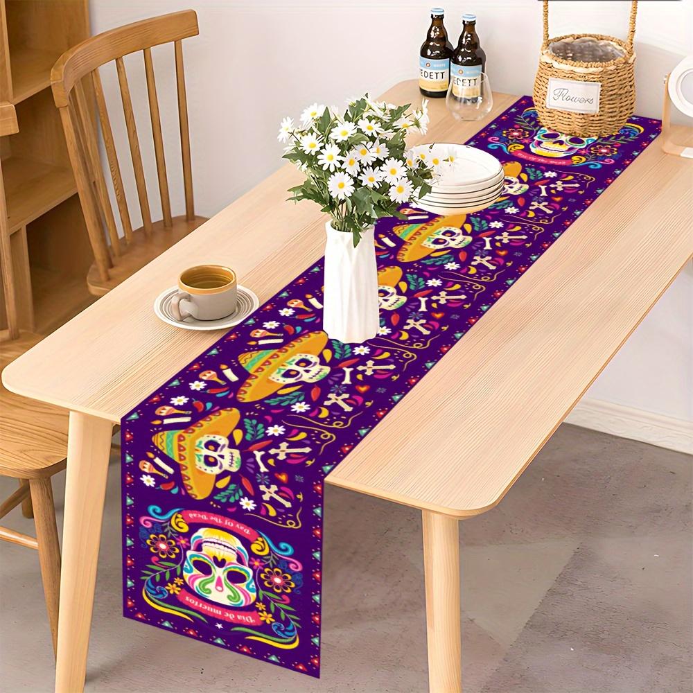 Mexico Day of The Dead Floral Skull Hat Linen Table Runner Home Decor Mexican Kitchen Dining Table Runners Fiesta Party Decor