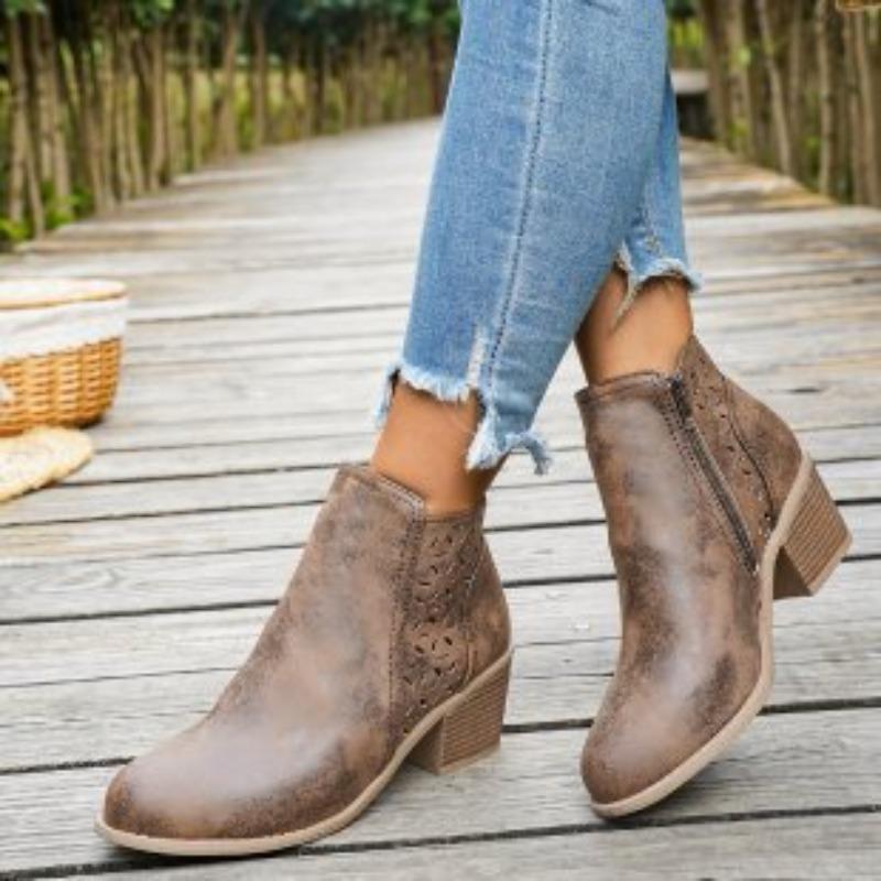 

New Women s Side Zipper Boots, Hollowed-out Pointed-toe Shoes, Low-top Square-heeled Shoes, Short Boots 43