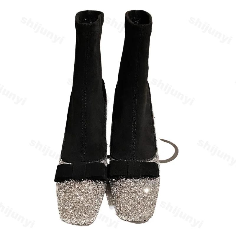 Mode Mode Glänzende Damen Mary Jane Socken Stiefel Designer Schleife Slip-on Plateau Stiefeletten 2025 Neue Herbst Dicke Hohe Absatz Stiefel