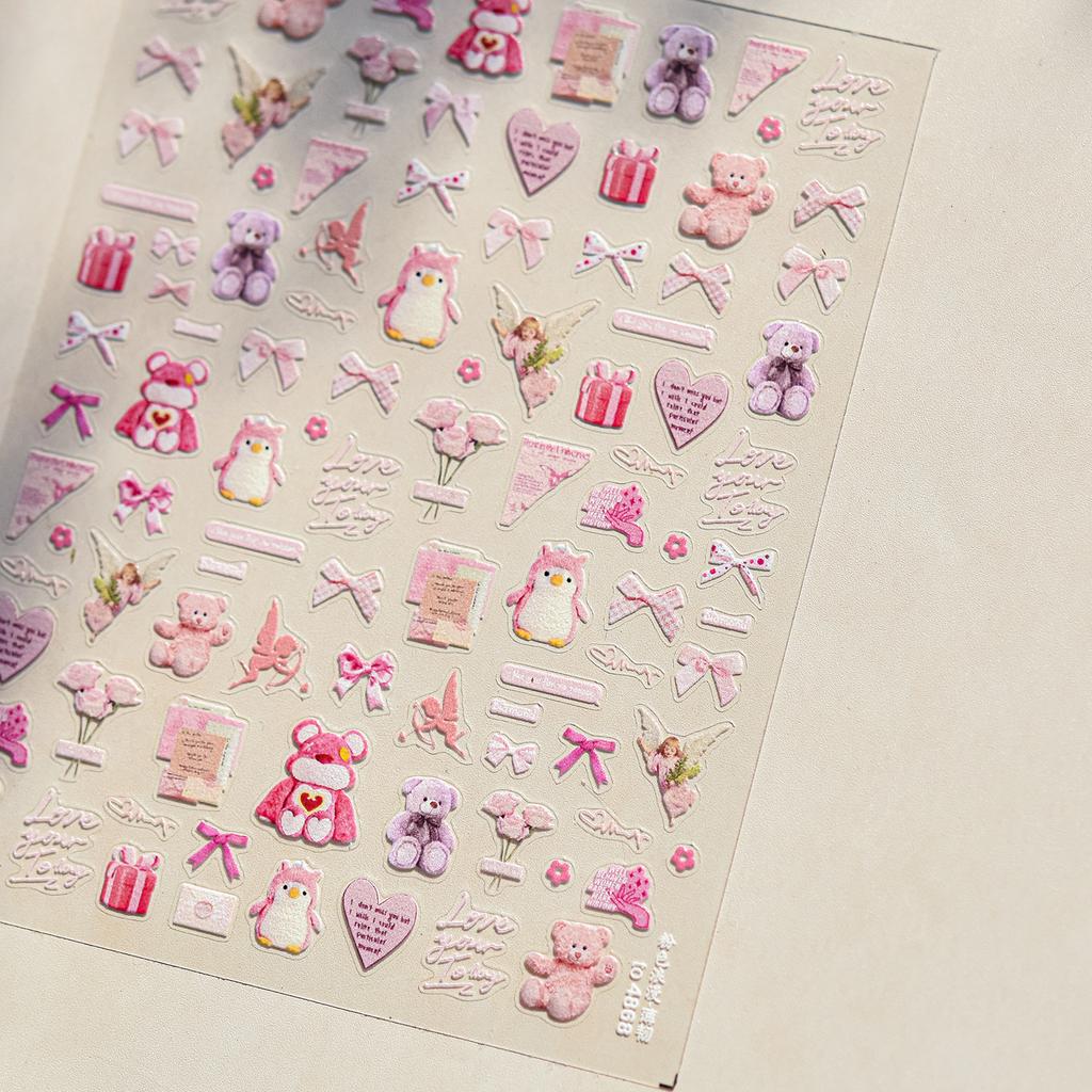 Cute Animals Bear Dog Cake Sweet Cherry Grid Bowknot Star Line Fruit Relief Self Adhesive Nail Art Stickers 5D Manicure Decals