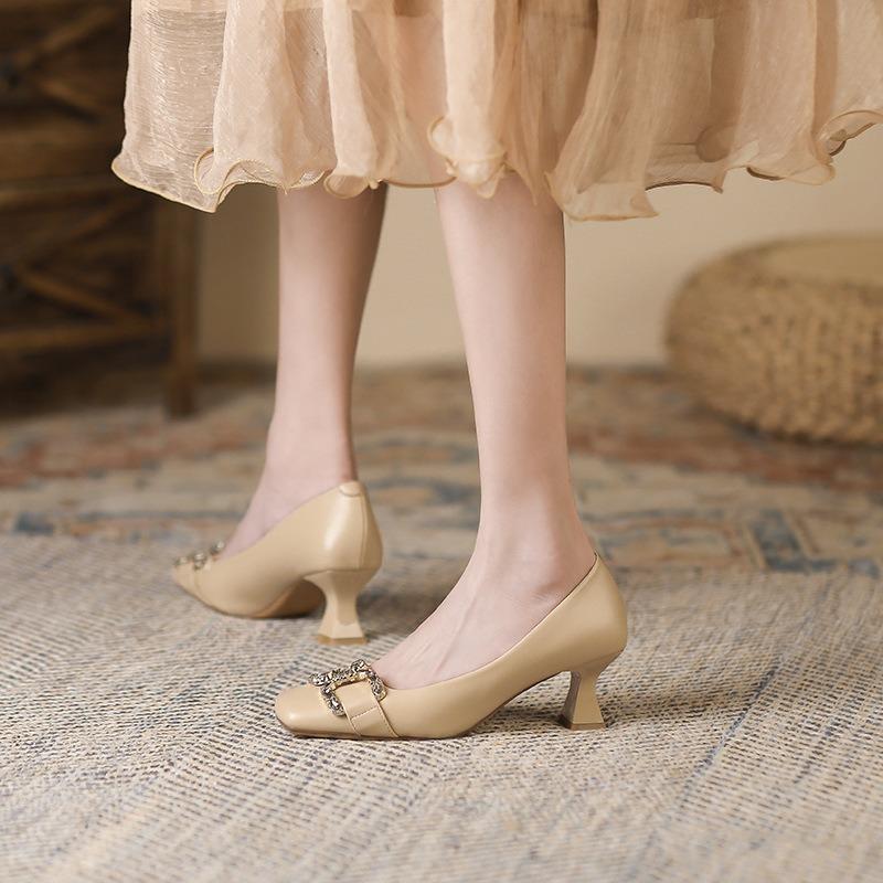 8-3 Square Head Thin Heel Single Shoes Spring and Autumn New Comfortable Metal Buckle Fashion High Heels Women