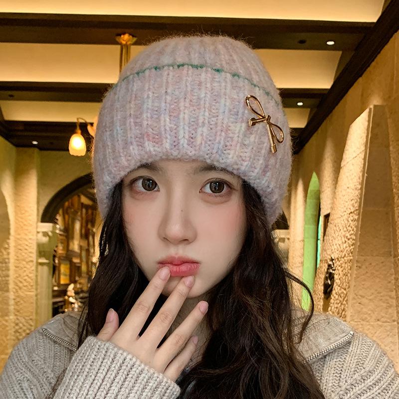 Bow Knitted Wool Hat Autumn and Winter Fashion Ear Hat Women,Winter Hats for Women, Beanies for Women, Hats for Women Winter