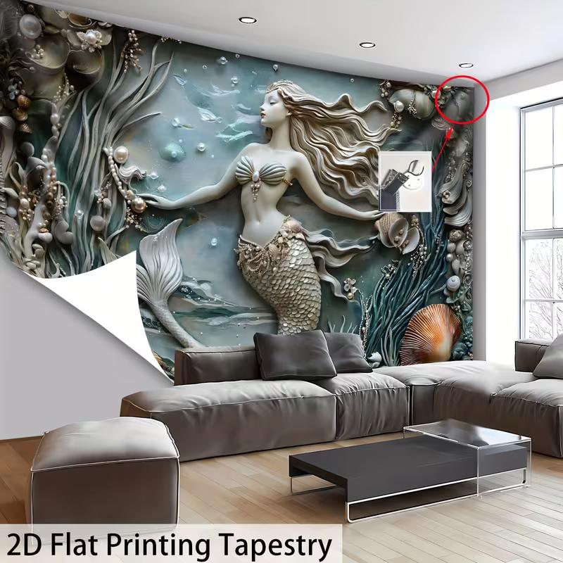 

2D Sculpted Mermaid Tapestry Fantasy Underwater Relief Art Wall Background Cloth 47.2x31.5inch/120*80cm