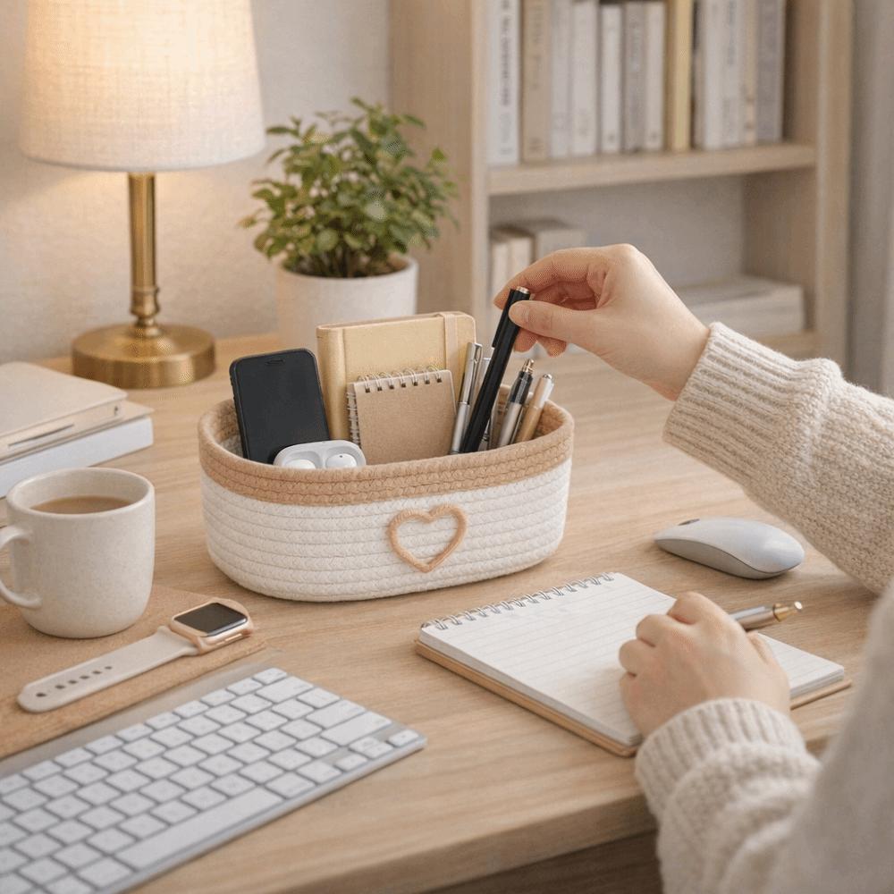 Cotton Rope Weaving Storage Basket Handmade Nordic Style Stationery Storage Box Heart Pattern Desktop Organizer Home Sundries