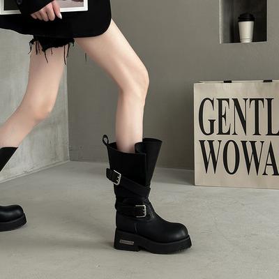 Stivali corti alla moda con fibbia a cintura, stivali da locomotiva da boxe, design da donna, stivali in pelle con suola spessa, stivali da cavaliere retrò a tubo medio con tacco spesso