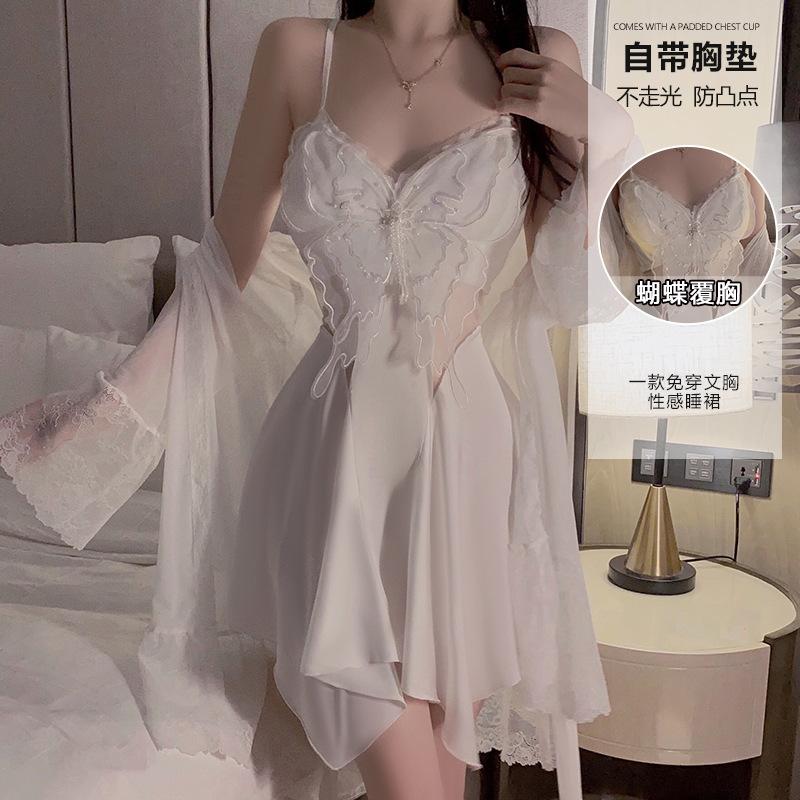 Women's Plus Size Sheer Mesh Butterfly Removable Pads Low Cut Backless Sleep Dress Set