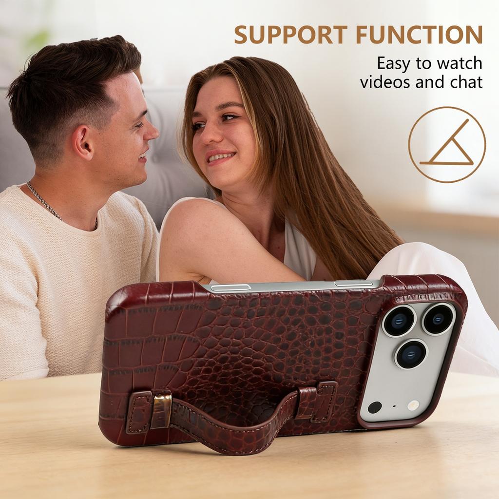 Genuine Leather Case With Wrist Strap Kickstand For For Iphone 17 Pro Max 16 1 14 13 12 Crocodile Pattern Protective Funda