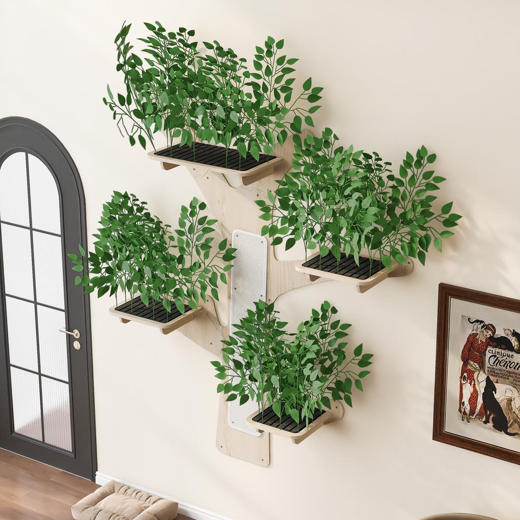 Wall-Mounted Scratching Tree In Tree Shape Made of Solid Pine Wood, with Scratching Surface & Platforms, Decorative & Stable, 155×210 Cm