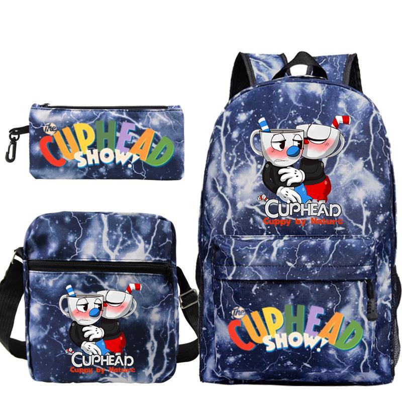 Cartoon Teacup Head Cuphead Student School Bag Backpack Three-piece Set Children's Shoulder Bag Pencil Bag