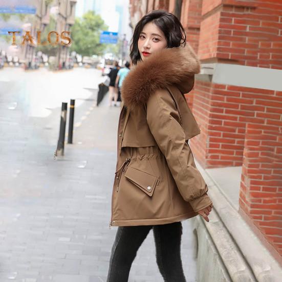 Women Padded Jacket Thickened Plush Lined Coat with Drawstring Waist Winter Warm Puffer Jacket with Faux Fur Hood for Work Streetwear