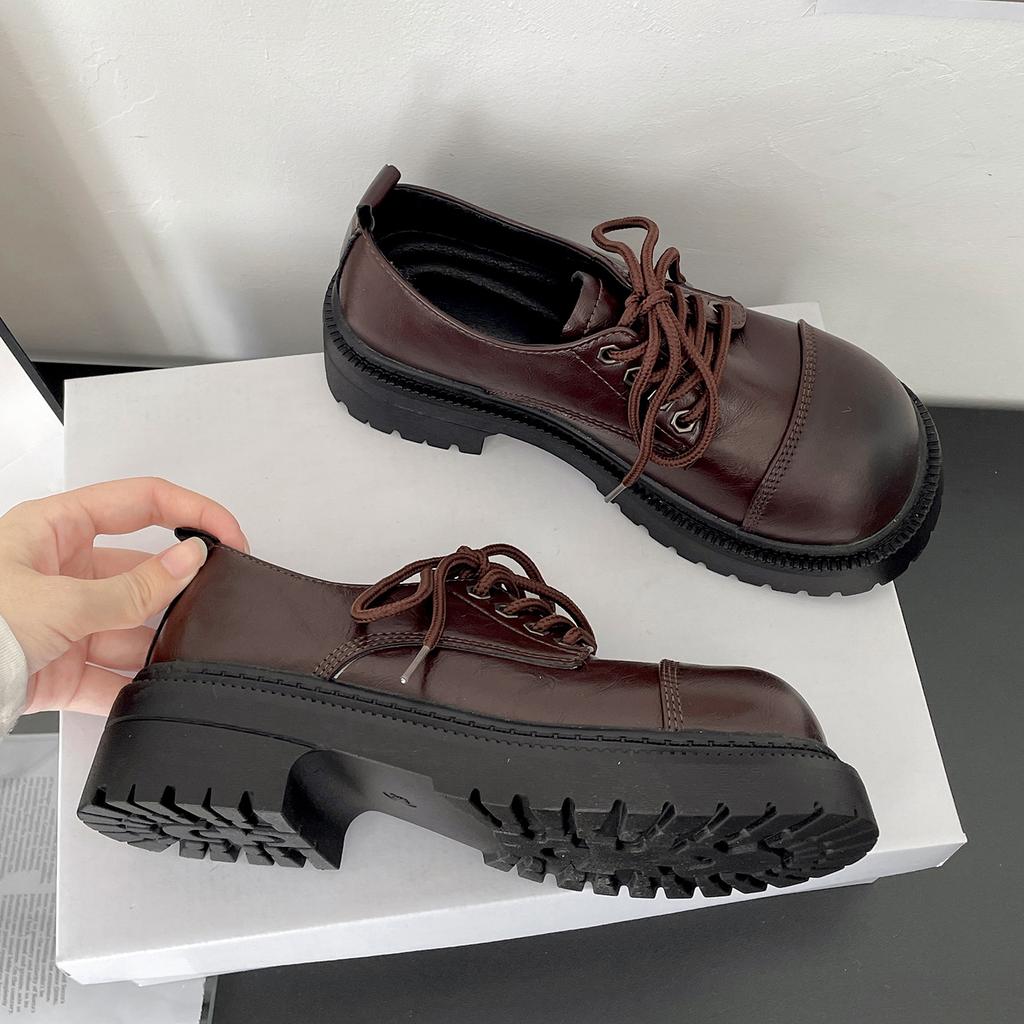 Black British Versatile Thick Heel Platform Small Leather Shoes Women's 2025 New Autumn Small Height French Single Shoes