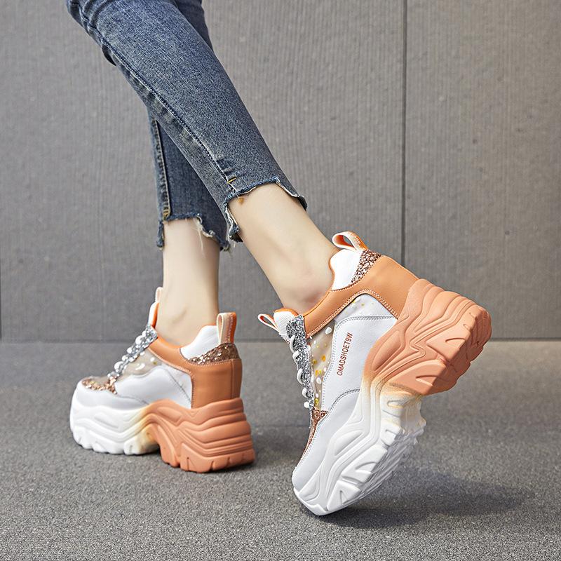 Nationaler Stil Innenhöherhöhung Dad Shoes Neue schrittweise Farbveränderung Kleine Sportschuhe Freizeitsschuhe Dicke Sohle M