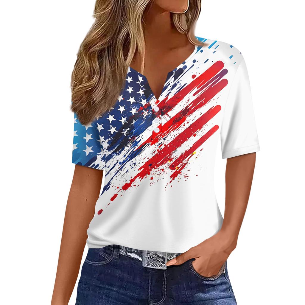 Women's T Shirt Independence Day Print Button Short Sleeve Daily Weekend Fashion Basic V- Neck Regular Top