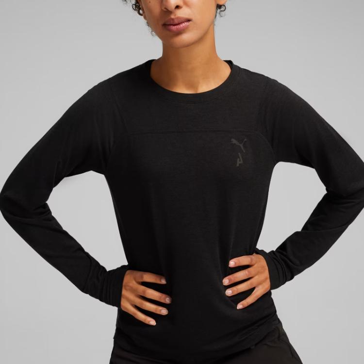 Puma Seasons Solid Color Casual Breathable Round Neck Long Sleeve T-Shirt Women Tops Black 524972-01