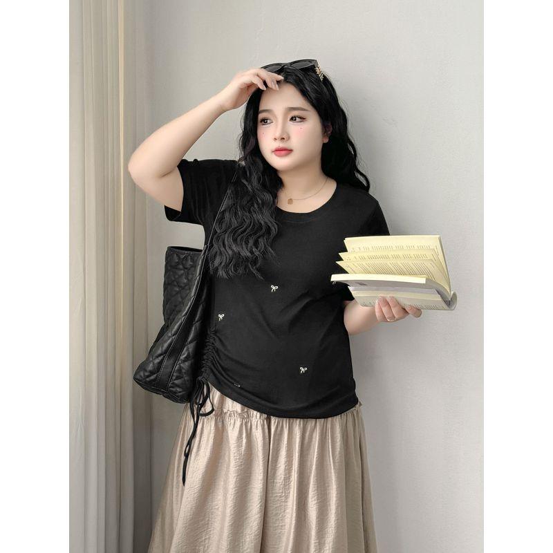 Plus size women clothing [Street Western Style T] Bow Embroidery Short sleeve T-shirt 100.00kg Summer Drawstring Waist Hugging Top