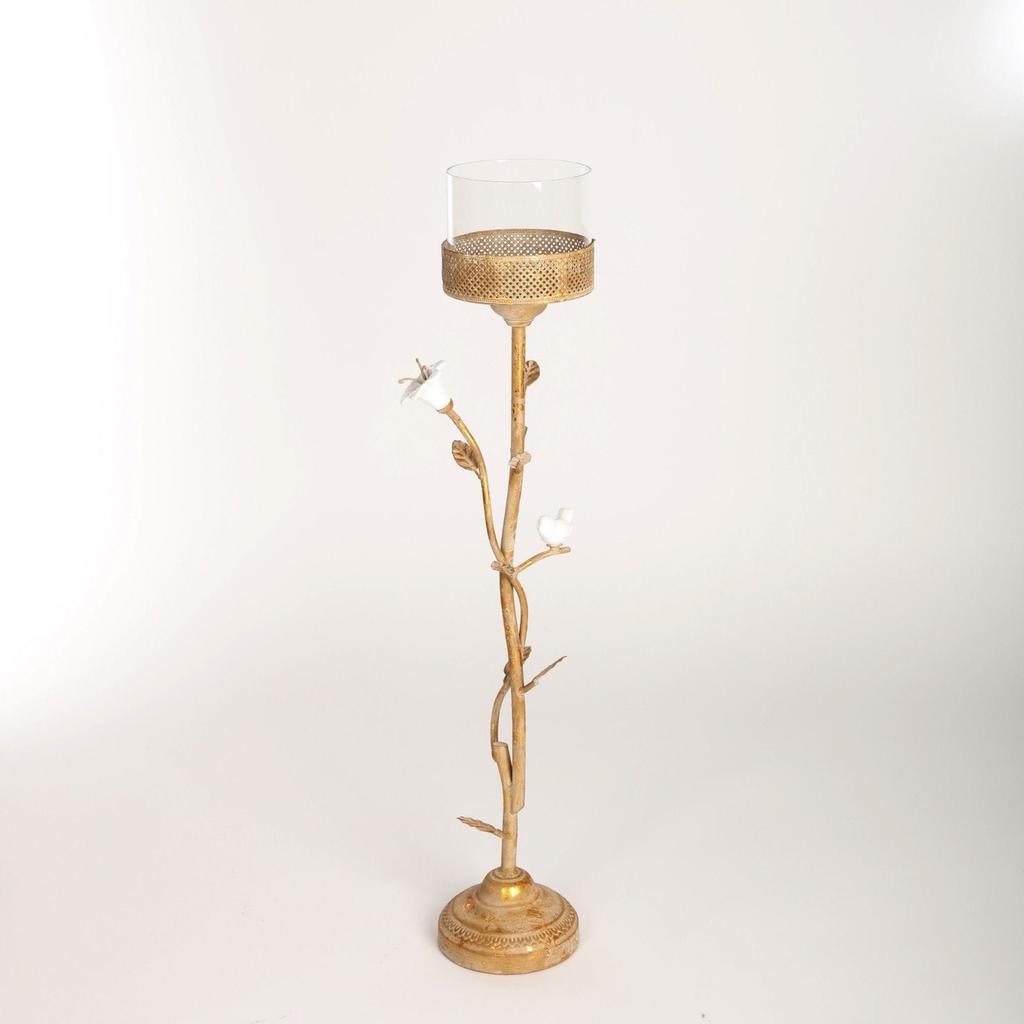Tall gold candlestick in glamour retro style with porcelain flowers 87cm