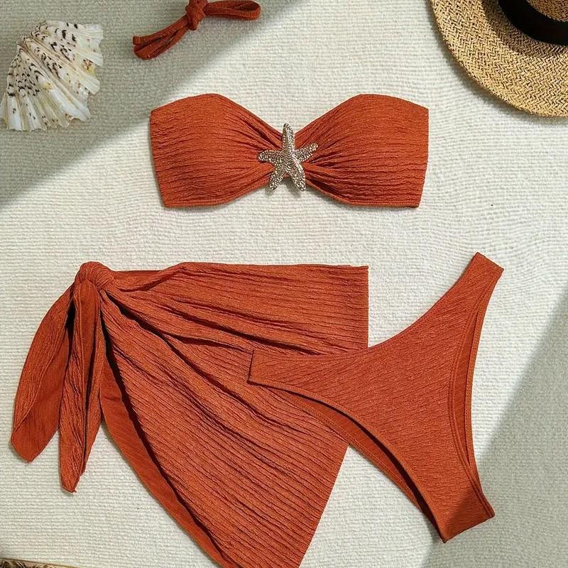 

Metal Starfish Brown Bandeau Bikinis Sets 3 Piece Sexy Swimsuits Cover Up Women 2025 Holiday Swimwear High Cut Bather Beach Wear XL оранжевый