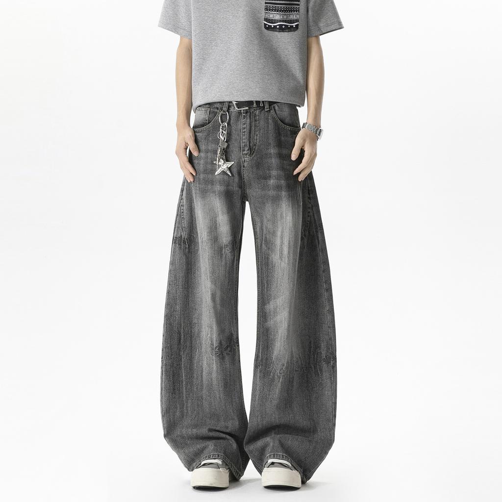 American Retro Scimitar Jeans Heavy Washed Deconstruction Wide Leg Pants Bamboo Pattern Washed Floor Pants High Street Long