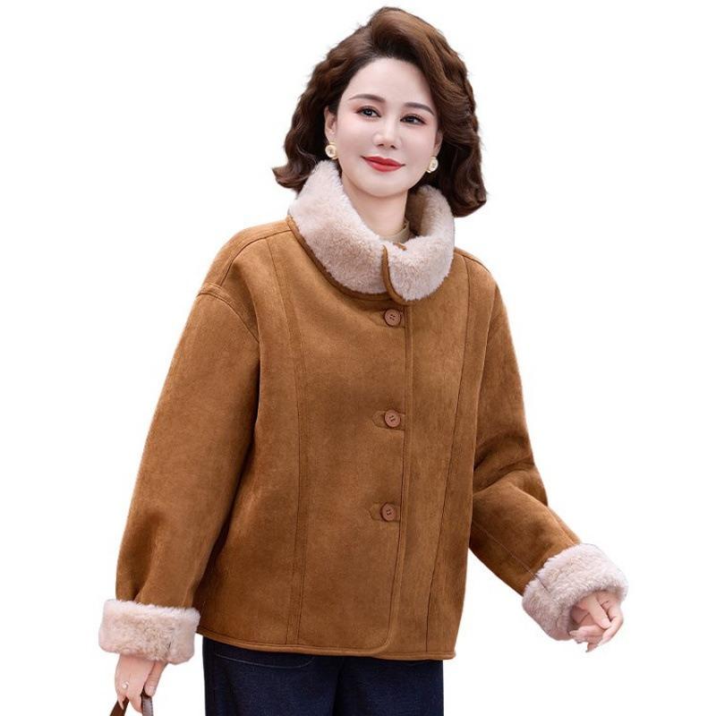 Middle-aged and Old Women's Mother Winter Coat Short Front Shoulder Fashion Women's Autumn and Winter Fur Integrated Coat Piled and Thickened