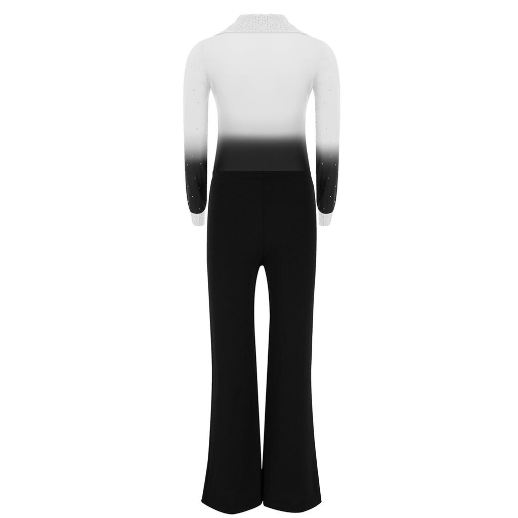 Conjunto de Leotard de Dança Brilhante com Strass, Gola Reversível, Manga Longa e Calça com Cós Elástico para Meninos