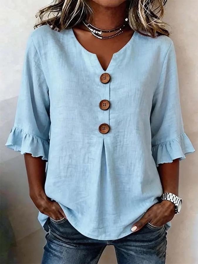 2026 Summer European & American Women's V-neck Cotton Linen Fashion Shirt