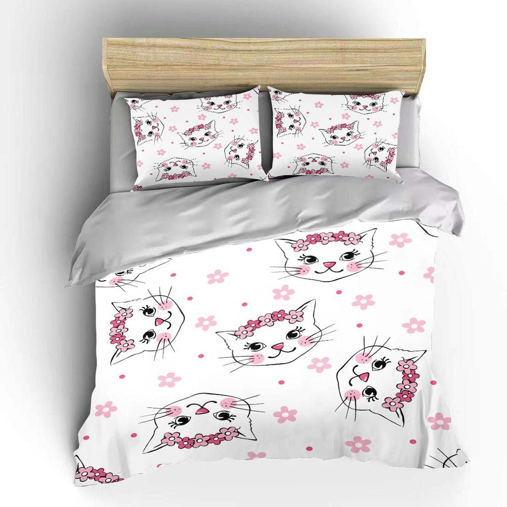 Cute Cat Faces With Pink Flowers Bedding Set For Kids Luxury Gift 3Pcs Digital Print Comforter Set Soft Comfortable Breathable