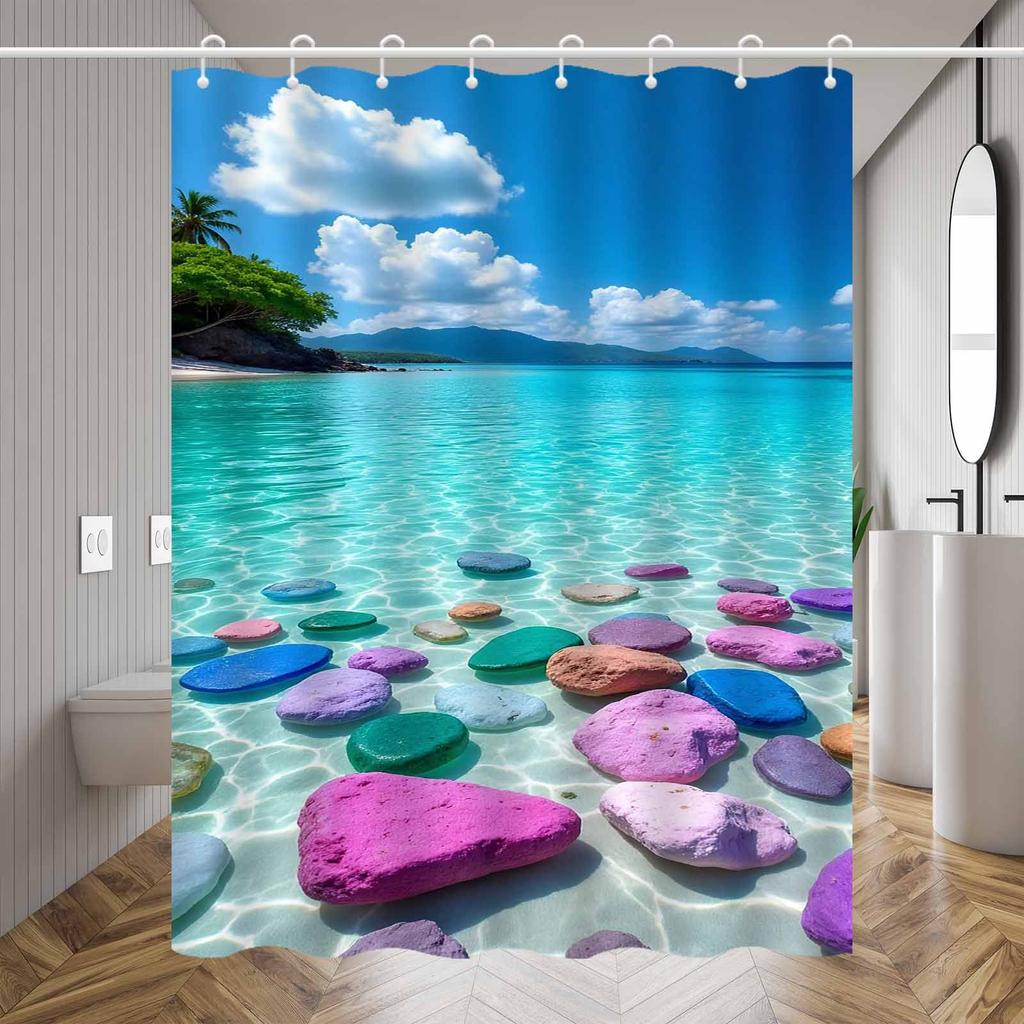 Beautiful Tropical Beach Shower Curtain Colorful Rocks In Clear Water Ocean View Nature Art Vacation Decor Waterproof Fabric