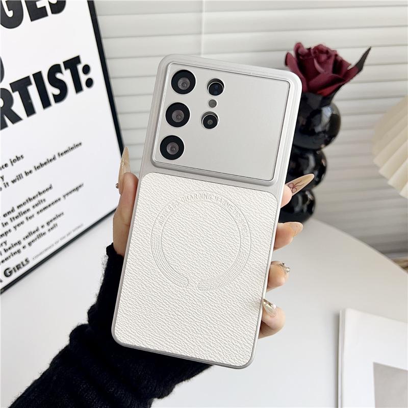 Applicable To Samsung S26Ultra Mobile Phone Case S25plus Lychee Pattern Anti-drop S24 Magnetic Suction Thin Ring Protective Case